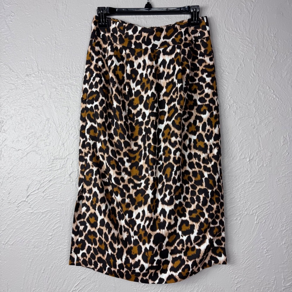 J. Crew sz 4 28"‎ waist linen leopard cheetah skirt midi length corporate goth